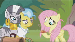 Size: 1675x946 | Tagged: safe, screencap, doctor fauna, fluttershy, zecora, earth pony, fire lizard, gecko, pegasus, pony, zebra, she talks to angel, bags under eyes, clothes, ear piercing, earring, female, forest, jewelry, lidded eyes, mare, messy mane, neck rings, piercing, quadrupedal