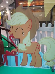 Size: 720x960 | Tagged: safe, photographer:陳重, applejack, earth pony, pony, best gift ever, cardboard cutout, present, singapore, solo