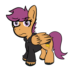 Size: 950x900 | Tagged: safe, artist:senkou-lights, scootaloo, pony, ask factory scootaloo, clothes, factory scootaloo, female, filly, simple background, solo, white background