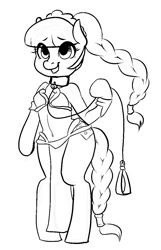 Size: 772x1200 | Tagged: safe, artist:whale, oc, oc only, oc:blocky bits, earth pony, semi-anthro, belly button, braid, braided tail, collar, female, leash, lineart, mare, monochrome, pixel art, simple background, slave leia, slave leia outfit, solo, star wars, white background