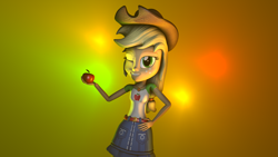 Size: 3265x1837 | Tagged: safe, artist:optimussparkle, applejack, better together, equestria girls, 3d, 4k, apple, belt, clothes, cowboy hat, denim skirt, food, geode of super strength, gradient background, hat, looking at you, magical geodes, one eye closed, shirt, skirt, source filmmaker, stetson, t-shirt, wink