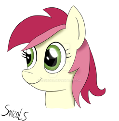 Size: 900x910 | Tagged: safe, artist:sanzols, roseluck, earth pony, pony, bust, female, mare, portrait, signature, simple background, smiling, solo, white background