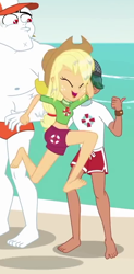 Size: 446x903 | Tagged: safe, screencap, applejack, bulk biceps, timber spruce, better together, equestria girls, turf war, barefoot, clothes, eyes closed, feet, female, legs, lifeguard, lifeguard timber, male, male feet, shorts, toes