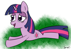 Size: 1076x755 | Tagged: safe, artist:sanzols, twilight sparkle, pony, unicorn, female, lidded eyes, mare, open mouth, prone, signature, simple background, solo, white background