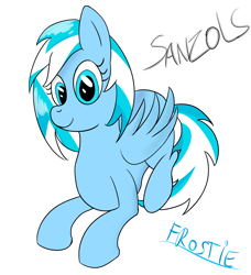 Size: 1600x1752 | Tagged: safe, artist:sanzols, oc, oc only, oc:frostie, pegasus, pony, female, looking at you, lying down, mare, signature, simple background, smiling, solo, white background