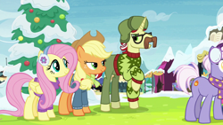 Size: 1280x720 | Tagged: safe, screencap, applejack, flam, fluttershy, earth pony, pegasus, pony, best gift ever, clothes, pants