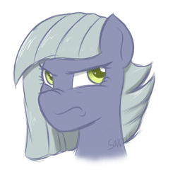 Size: 1004x1026 | Tagged: safe, artist:sanzols, limestone pie, earth pony, pony, bust, colored pupils, female, frown, glare, looking back, mare, portrait, signature, simple background, solo, white background