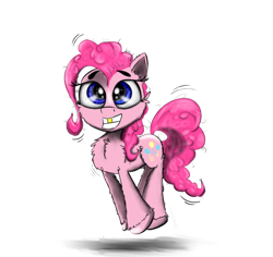 Size: 1250x1180 | Tagged: safe, artist:chopsticks, pinkie pie, pony, cheek fluff, chest fluff, ear fluff, female, gold tooth, hoof fluff, jumping, looking at you, mare, smiling, solo