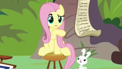 Size: 1920x1080 | Tagged: safe, screencap, angel bunny, fluttershy, pegasus, pony, rabbit, she talks to angel, animal, checklist, duo, female, male, mare, sitting, stool