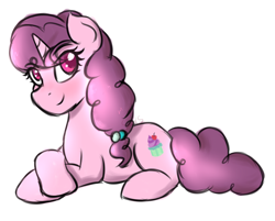 Size: 1024x823 | Tagged: safe, artist:sanzols, sugar belle, pony, unicorn, colored pupils, female, looking at you, lying down, mare, signature, simple background, smiling, solo, white background