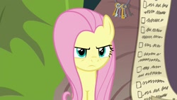 Size: 1920x1080 | Tagged: safe, screencap, fluttershy, pegasus, pony, she talks to angel, checklist, female, frown, mare, solo