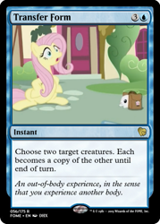 Size: 375x523 | Tagged: safe, edit, edited screencap, screencap, angel bunny, fluttershy, rabbit, she talks to angel, animal, body swap, ccg, duo, female, magic the gathering, mare, saddle bag, shocked, trading card, trading card edit