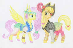 Size: 1280x843 | Tagged: safe, artist:maximanxd, applejack, fluttershy, earth pony, pegasus, pony, my little pony: the movie, appleshy, appleshybomb, female, lesbian, looking at each other, pirate, shipping, simple background