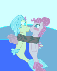 Size: 1300x1615 | Tagged: safe, artist:bigpurplemuppet99, pinkie pie, princess skystar, pony, seapony (g4), adult, blushing, boop, bound together, female, lesbian, noseboop, rope, seaponified, seapony pinkie pie, shipping, skypie, species swap, tied up