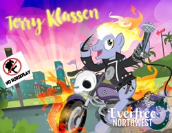 Size: 2048x1583 | Tagged: safe, artist:pixelkitties, pinkie pie, pony, everfree northwest, ghost rider, mane on fire, microphone, motorcycle, pixelkitties' brilliant autograph media artwork, ponified, sign, tail on fire, terry klassen