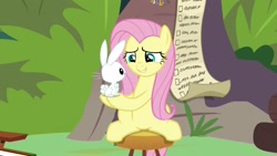 Size: 1920x1080 | Tagged: safe, screencap, angel bunny, fluttershy, pegasus, pony, rabbit, she talks to angel, animal, checklist, duo, female, list, male, mare