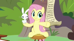 Size: 1920x1080 | Tagged: safe, screencap, angel bunny, fluttershy, pegasus, pony, rabbit, she talks to angel, animal, annoyed, checklist, duo, female, list, male, mare