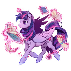 Size: 450x450 | Tagged: safe, artist:kutty-sark, twilight sparkle, twilight sparkle (alicorn), alicorn, pony, book, female, folded wings, mare, pixiv, simple background, solo, white background