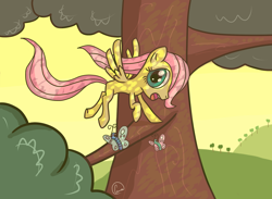 Size: 2600x1900 | Tagged: safe, artist:chaosmalefic, fluttershy, butterfly, pegasus, pony, cute, dappled sunlight, female, filly, filly fluttershy, solo, tree, younger