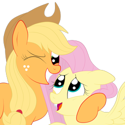 Size: 3000x3000 | Tagged: safe, artist:squipycheetah, part of a set, applejack, fluttershy, earth pony, pegasus, pony, alternate color palette, applejack's hat, appleshy, cowboy hat, cute, fangs, female, flutterbat, freckles, hat, hug, lesbian, looking down, looking up, mare, one eye closed, open mouth, raised hoof, shipping, simple background, smiling, spread wings, stetson, transparent background, wings, wink