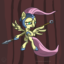 Size: 1024x1024 | Tagged: safe, artist:chaosmalefic, fluttershy, pegasus, pony, armor, flying, opera, spear, weapon