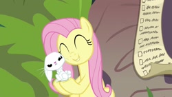 Size: 1920x1080 | Tagged: safe, screencap, angel bunny, fluttershy, pegasus, pony, rabbit, she talks to angel, animal, checklist, duo, female, list, male, mare, nuzzling