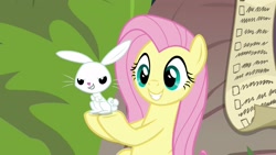 Size: 1920x1080 | Tagged: safe, screencap, angel bunny, fluttershy, pegasus, pony, rabbit, she talks to angel, animal, checklist, duo, evil grin, female, grin, list, male, mare, smiling