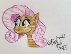 Size: 2506x1907 | Tagged: safe, artist:binkyt11, derpibooru exclusive, fluttershy, pegasus, pony, bust, female, mare, pen drawing, solo, style emulation, traditional art