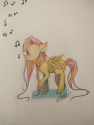 Size: 774x1032 | Tagged: safe, artist:theoperaticone, fluttershy, pegasus, pony, eyes closed, female, mare, music notes, open mouth, profile, raised hoof, singing, smiling, solo, standing, traditional art, wings