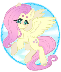 Size: 822x973 | Tagged: safe, artist:sawberrykiss, fluttershy, pegasus, pony, beanbrows, circle, cute, eye clipping through hair, eyebrows, female, head turn, mare, shyabetes, simple background, sky, smiling, solo, spread wings, three quarter view, transparent background, wings