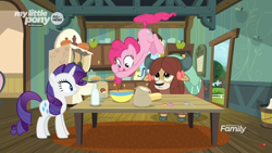 Size: 1366x768 | Tagged: safe, screencap, pinkie pie, rarity, snips, yona, earth pony, pony, unicorn, yak, she's all yak, bow, bowl, bucket, butter, carpet, cloven hooves, discovery family logo, female, flour, food, hair bow, hoof hold, kitchen, mare, milk bottle, mixing bowl, monkey swings, pie, pies, spoon, sugar (food), table, tailcopter, trio