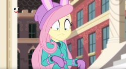 Size: 1877x1031 | Tagged: safe, screencap, fluttershy, better together, equestria girls, holidays unwrapped, female, plusplus, shrunken pupils, solo, winter outfit