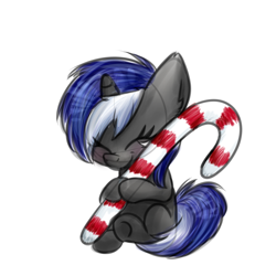 Size: 1000x1000 | Tagged: safe, artist:littleblackraencloud, oc, oc only, oc:moon, pony, unicorn, candy, candy cane, cute, eyes closed, female, food, hug, mare, ocbetes, simple background, sitting, smiling, solo, white background