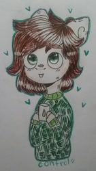 Size: 434x768 | Tagged: safe, artist:cactus-control, oc, oc only, original species, :p, bandaid, clothes, cup, green eyes, heart, simple background, sweater, tongue out, traditional art, white background