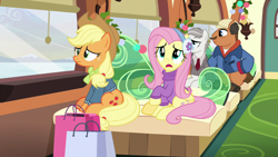 Size: 1280x720 | Tagged: safe, screencap, applejack, fluttershy, earth pony, pegasus, pony, best gift ever