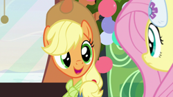 Size: 1280x720 | Tagged: safe, screencap, applejack, fluttershy, earth pony, pegasus, pony, best gift ever