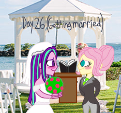 Size: 2000x1857 | Tagged: safe, artist:bigpurplemuppet99, aria blaze, fluttershy, equestria girls, 30 day otp challenge, ariashy, clothes, dress, female, flutterblaze, lesbian, marriage, shipping, tuxedo, wedding, wedding dress