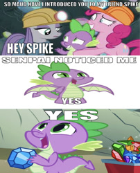 Size: 660x816 | Tagged: safe, edit, edited screencap, editor:undeadponysoldier, screencap, maud pie, pinkie pie, spike, dragon, earth pony, pony, a dog and pony show, rock solid friendship, bad quality, caption, female, gem cave, gemstones, helmet, image macro, male, mare, maudspike, meme, mike, mining helmet, notice me senpai, peanut butter gamer, reference, senpai, senpai noticed me, text, wagon, winged spike, wrong aspect ratio