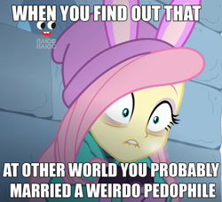 Size: 1182x1080 | Tagged: safe, edit, edited screencap, screencap, fluttershy, better together, equestria girls, holidays unwrapped, bags under eyes, caption, cropped, female, grammar error, image macro, implied discord, leak, op is a cuck, op is trying to start shit, op is wrong, plusplus, solo, text