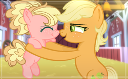 Size: 800x500 | Tagged: safe, artist:verona-5i, applejack, oc, oc:jonathan apple, earth pony, pony, boop, female, filly, hilding a pony, magical lesbian spawn, mother and child, mother and daughter, noseboop, offspring, parent and child, parent:applejack, parent:pinkie pie, parents:applepie