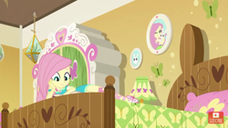 Size: 1280x720 | Tagged: safe, screencap, fluttershy, better together, do it for the ponygram!, equestria girls, bed, bedroom, solo