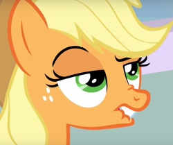 Size: 1273x1063 | Tagged: safe, screencap, applejack, earth pony, pony, best gift ever, faic, hurr durr, lidded eyes, lip bite, reaction image, unf