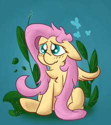 Size: 4000x4500 | Tagged: safe, artist:antimationyt, fluttershy, butterfly, pegasus, pony, blushing, chest fluff, female, floppy ears, gradient background, looking at you, mare, sitting, solo, wings