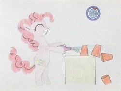 Size: 3264x2448 | Tagged: safe, artist:don2602, pinkie pie, earth pony, pony, balloon, bipedal, deflating, eyes closed, minute to win it, plastic cup, smiling, solo, table, timer, traditional art