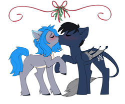 Size: 3616x3000 | Tagged: safe, artist:sugarstar, oc, oc only, earth pony, pegasus, pony, blushing, commission, eyes closed, female, hoof hold, kissing, leonine tail, male, mare, mistletoe, simple background, stallion, standing, straight, white background, wings