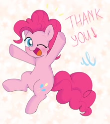 Size: 1062x1200 | Tagged: safe, artist:ch-chau, pinkie pie, earth pony, pony, blushing, cute, diapinkes, female, followers, jumping, mare, one eye closed, open mouth, solo, text, thank you