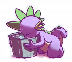 Size: 1794x1555 | Tagged: safe, artist:gsphere, spike, dragon, bucket, drinking, eyes closed, kneeling, male, simple background, solo, water, white background