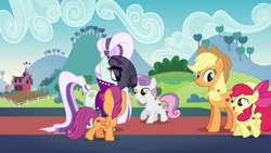 Size: 1280x720 | Tagged: safe, screencap, apple bloom, applejack, coloratura, scootaloo, sweetie belle, earth pony, pony, the mane attraction, apple bloom's bow, applejack's hat, barn, bow, countess coloratura, cowboy hat, cutie mark, cutie mark crusaders, hair bow, hat, stage, stetson, sweet apple acres, the cmc's cutie marks, tree