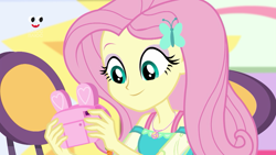 Size: 1280x720 | Tagged: safe, screencap, fluttershy, better together, equestria girls, holidays unwrapped, camera, clothes, geode of fauna, magical geodes, pink camera, plusplus, smiling