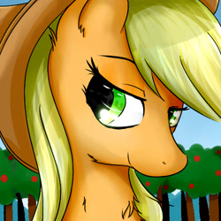 Size: 500x500 | Tagged: safe, artist:dashy21, applejack, earth pony, pony, apple tree, applejack's hat, bust, cowboy hat, female, hat, mare, portrait, smiling, solo, tree